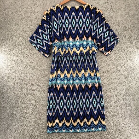 Chicos Dress Womens 0 US Small Blue Nouveau Ikat Knee Blouson 1/2 Cold Shoulder - Picture 3 of 11